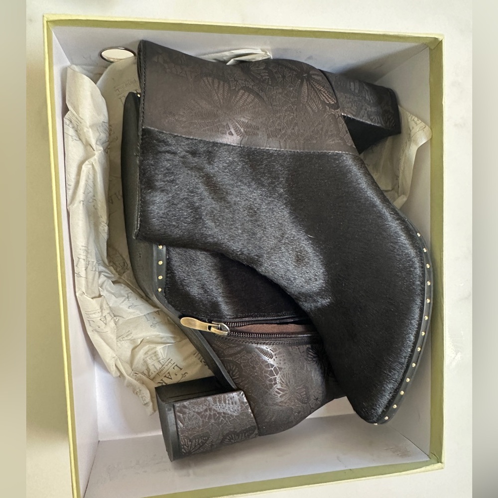 Chic Black  Ankle Bootie’s with faux fur and paisley faux leather